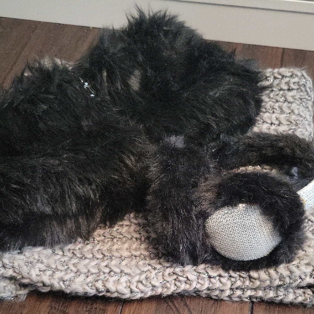 Black Faux Fur Scarf with Gray Knit Accents